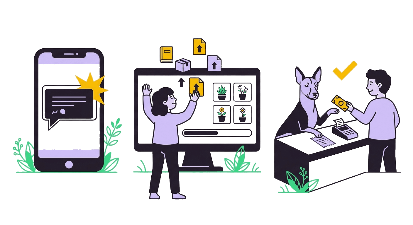Ilustración de los tres pasos: conectar WhatsApp, cargar el catálogo y dejar que el agente venda